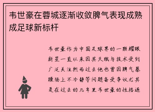 韦世豪在蓉城逐渐收敛脾气表现成熟成足球新标杆 韦世豪在蓉城逐渐收敛脾气表现成熟成足球新标杆