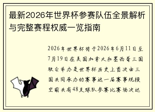 最新2026年世界杯参赛队伍全景解析与完整赛程权威一览指南